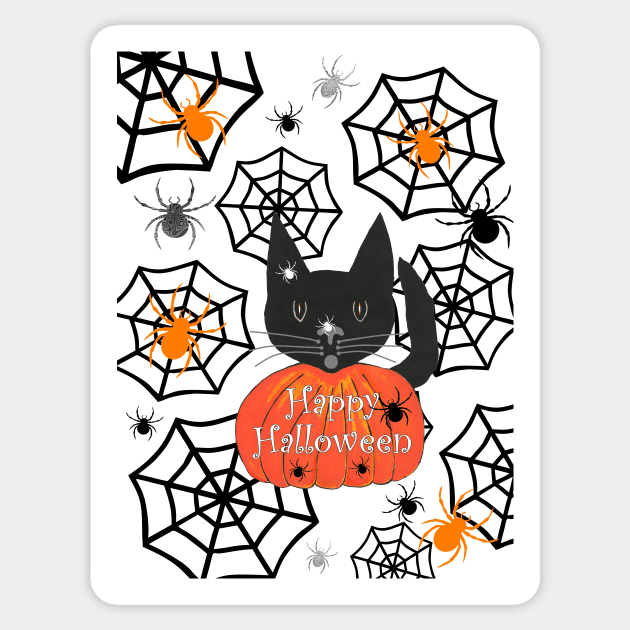 BLACK Cat Halloween With Spiders Sticker by SartorisArt1